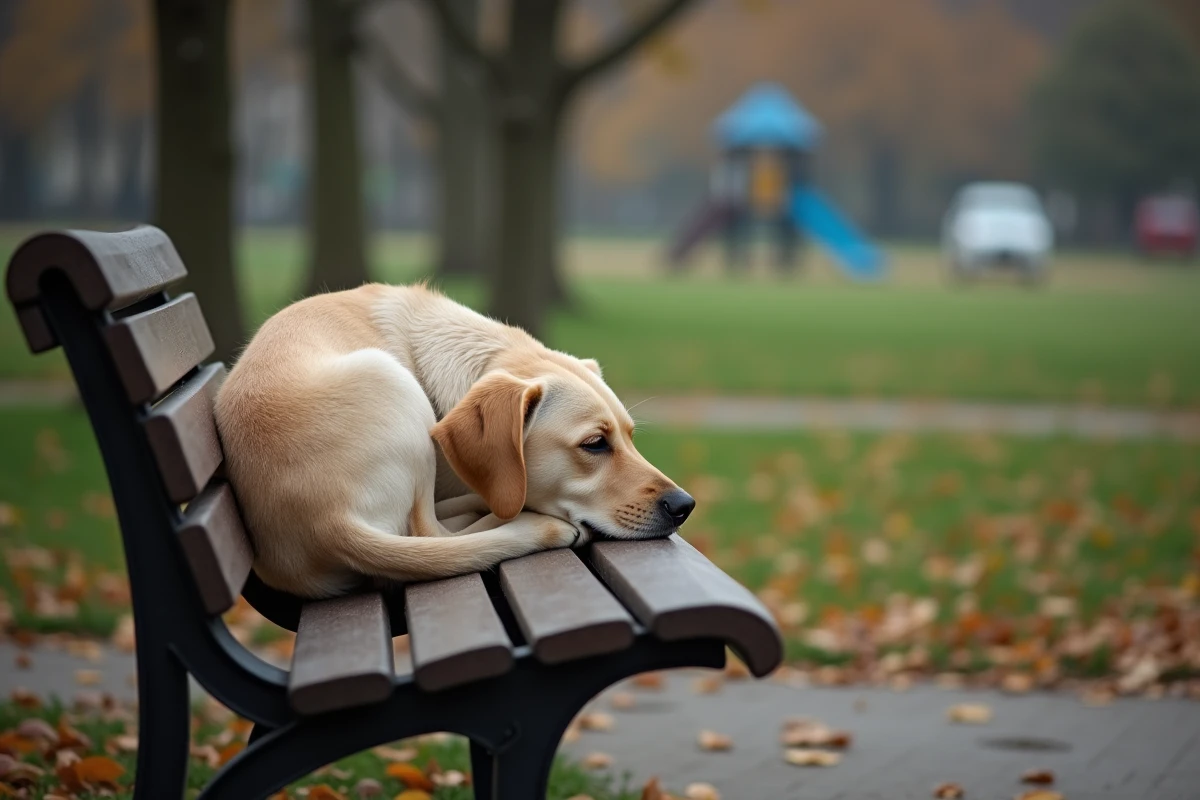 Labrador seul sur un banc dans un parc en automne