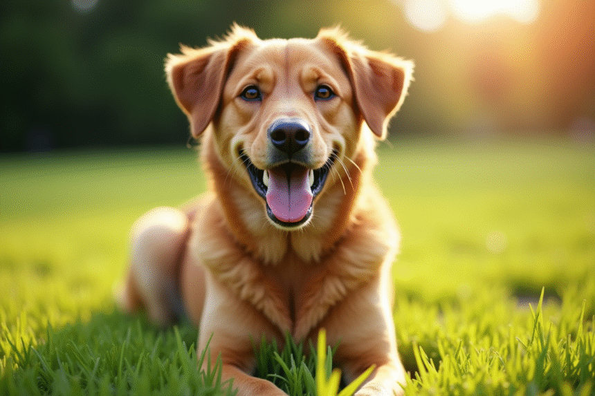 Chien mâle brun souriant assis dans l'herbe verte en plein air