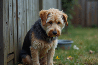Chien de race mixte âgé assis près d'une clôture usée