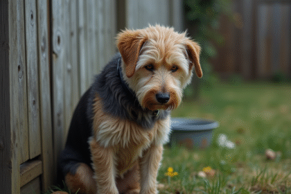 Chien de race mixte âgé assis près d'une clôture usée