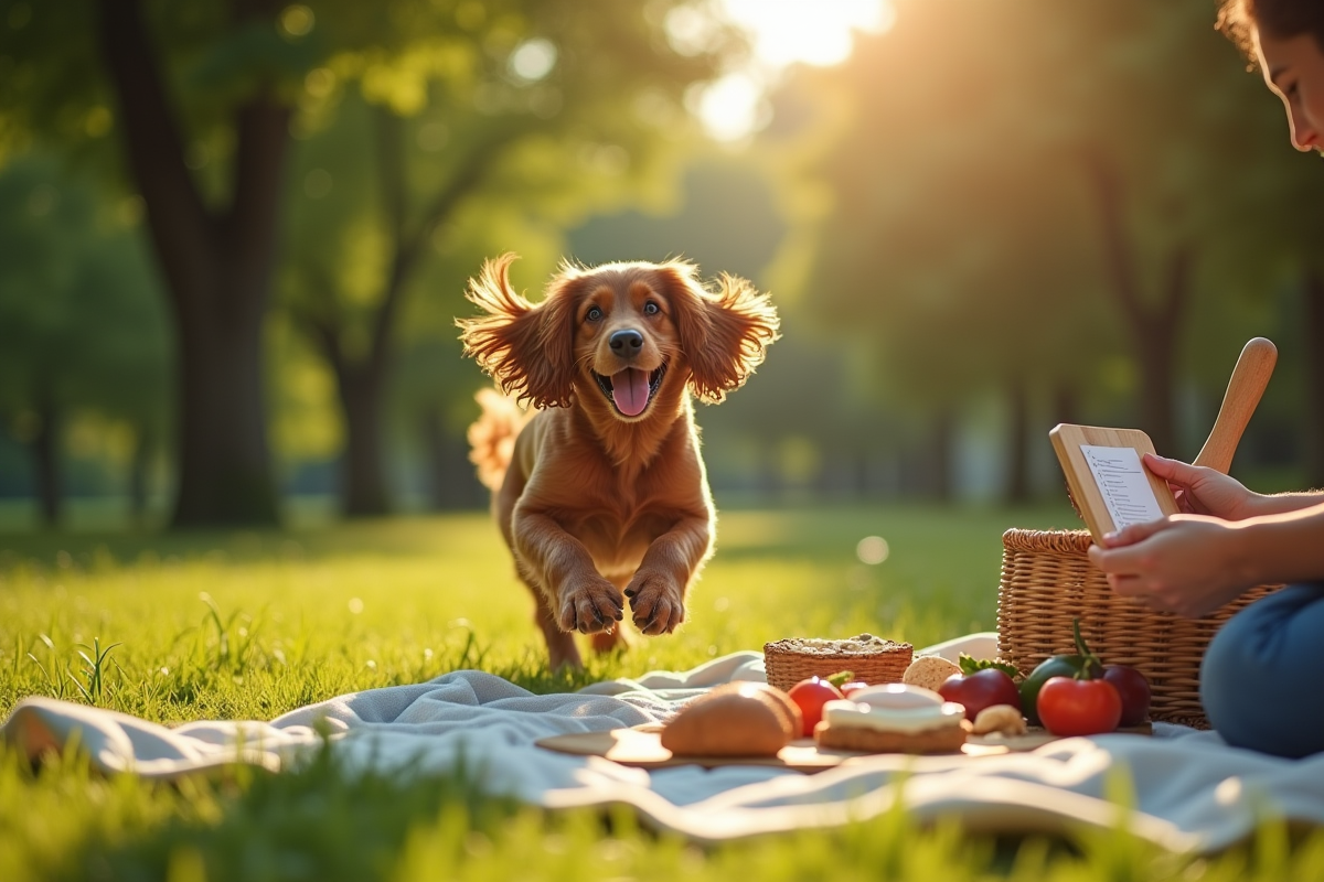 Chien courant dans un parc avec nourriture saine et propriétaire