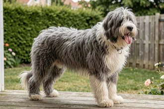Chien à poil long de race Old English Sheepdog sur une terrasse en bois avec son pelage gris et blanc très fourni