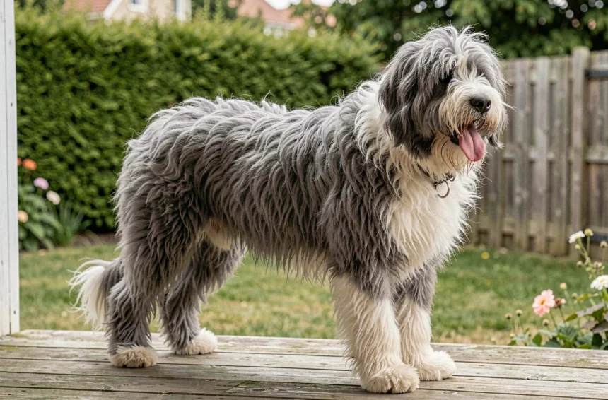 Chien à poil long de race Old English Sheepdog sur une terrasse en bois avec son pelage gris et blanc très fourni