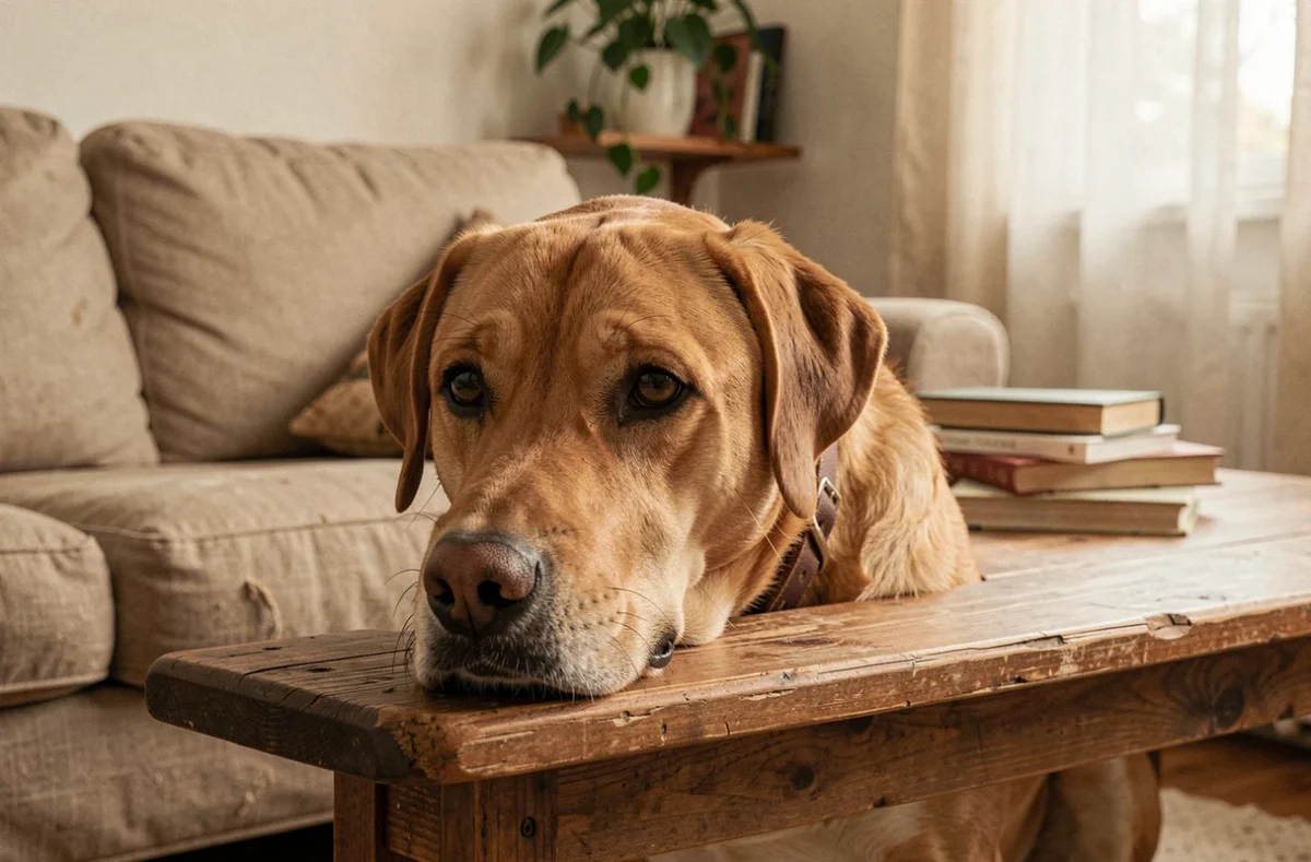 Chien de refuge installé dans son nouveau foyer, symbolisant l'aide du Fonds Saint Bernard pour l'adoption animale