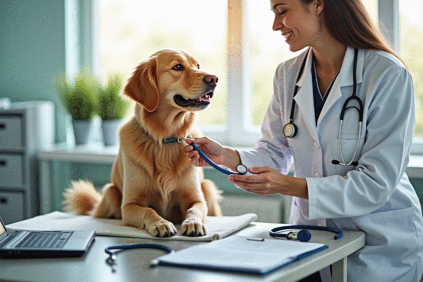 Golden retriever calme chez le veterinaire avec un vet