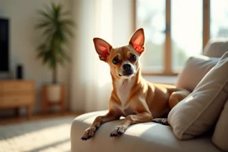 Chihuahua détendu sur un canapé dans un salon lumineux