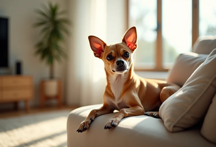 Chihuahua détendu sur un canapé dans un salon lumineux