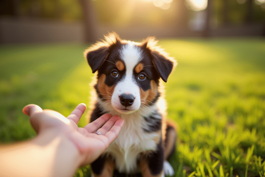 Chiot Australian Shepherd attentif en extérieur ensoleille