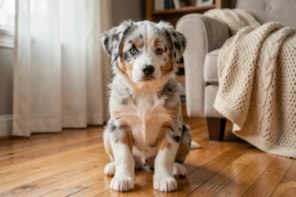 Chiot Berger Australien merle bleu aux yeux vairons assis sur un parquet en bois dans un salon chaleureux