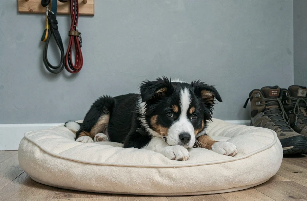Chiot Berger Australien noir tricolore allongé sur un coussin crème dans un couloir d'entrée avec des laisses accrochées au mur