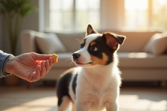 Jeune chiot border collie regarde attentivement une friandise