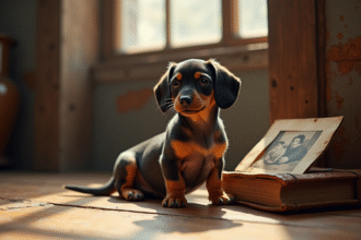 Chiot dachshund miniature tacheté sur un sol en bois ancien