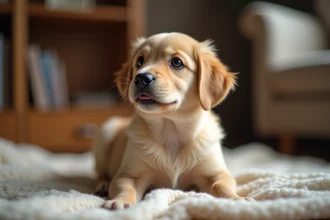 Chiot Golden Retriever de 8 semaines assis sur une couverture en laine dans un salon familial chaleureux en Gironde
