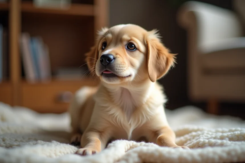 Chiot Golden Retriever de 8 semaines assis sur une couverture en laine dans un salon familial chaleureux en Gironde