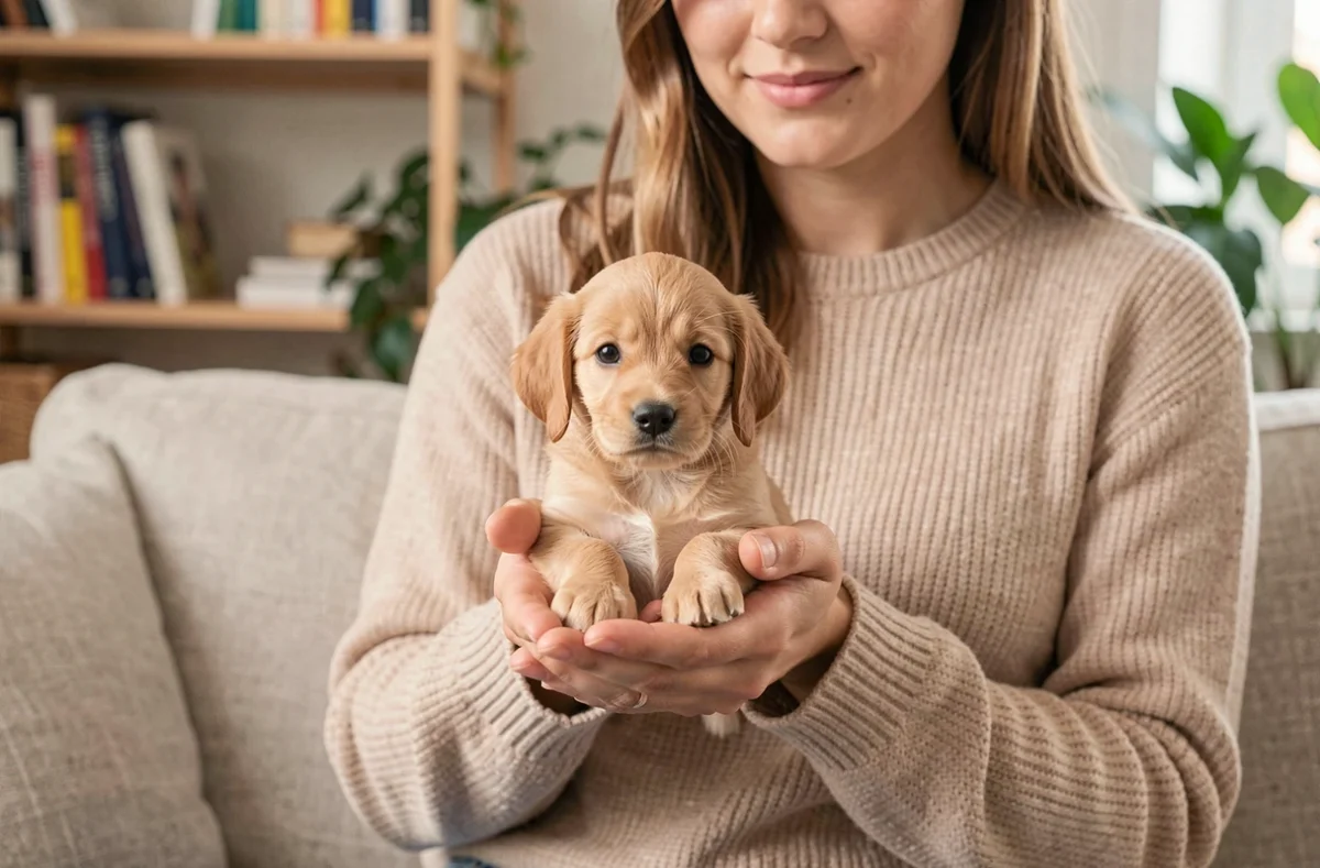 Chiot Golden Retriever de format miniature tenu dans les mains d'une femme, soulignant sa petite taille et sa fragilité