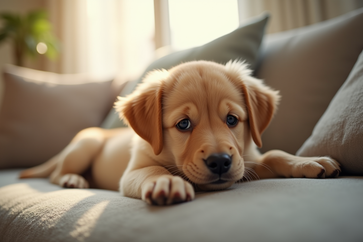 Chiot joueur allongé sur un canapé dans un intérieur lumineux