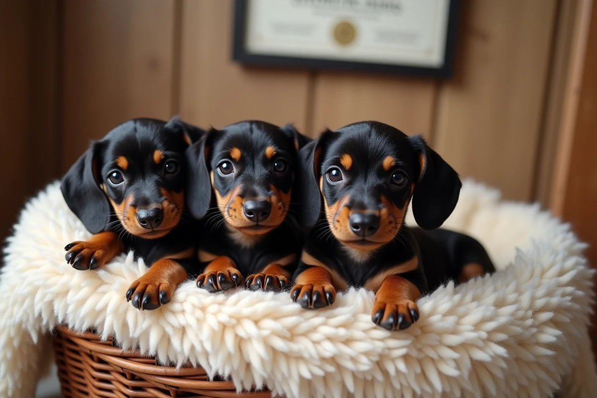 Portée de chiots teckels Kaninchen dans un panier en osier dans un élevage français