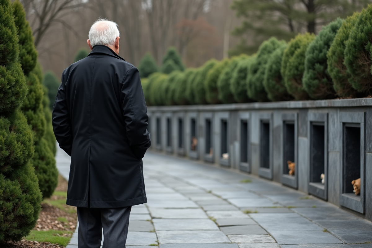 Homme âgé dans un cimetière pour animaux en plein air