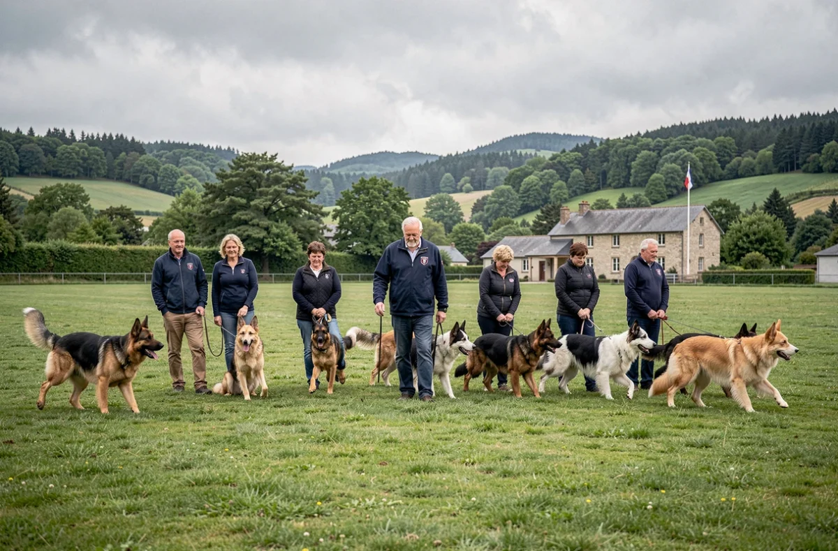 Des binômes maîtres-chiens s'entraînent en ligne sur le terrain du Club Canin Forézien sous la supervision d'un instructeur en veste de club