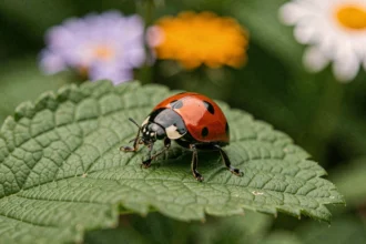 Coccinelle à sept points posée sur une feuille verte dans un jardin, vue en macro avec détails précis de la carapace rouge et des points noirs