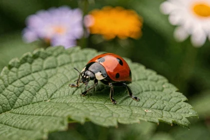 Coccinelle à sept points posée sur une feuille verte dans un jardin, vue en macro avec détails précis de la carapace rouge et des points noirs