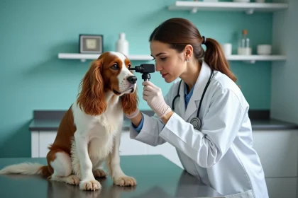 Vétérinaire examinant les oreilles d'un Cocker Spaniel nain lors d'une consultation clinique