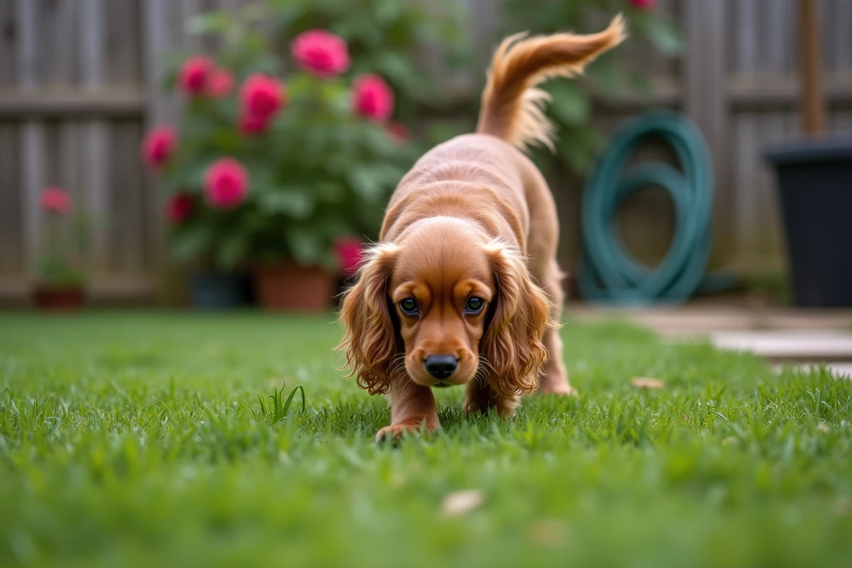 Cocker Spaniel nain doré se promenant dans un jardin, illustration de l'exercice physique et de la prévention santé