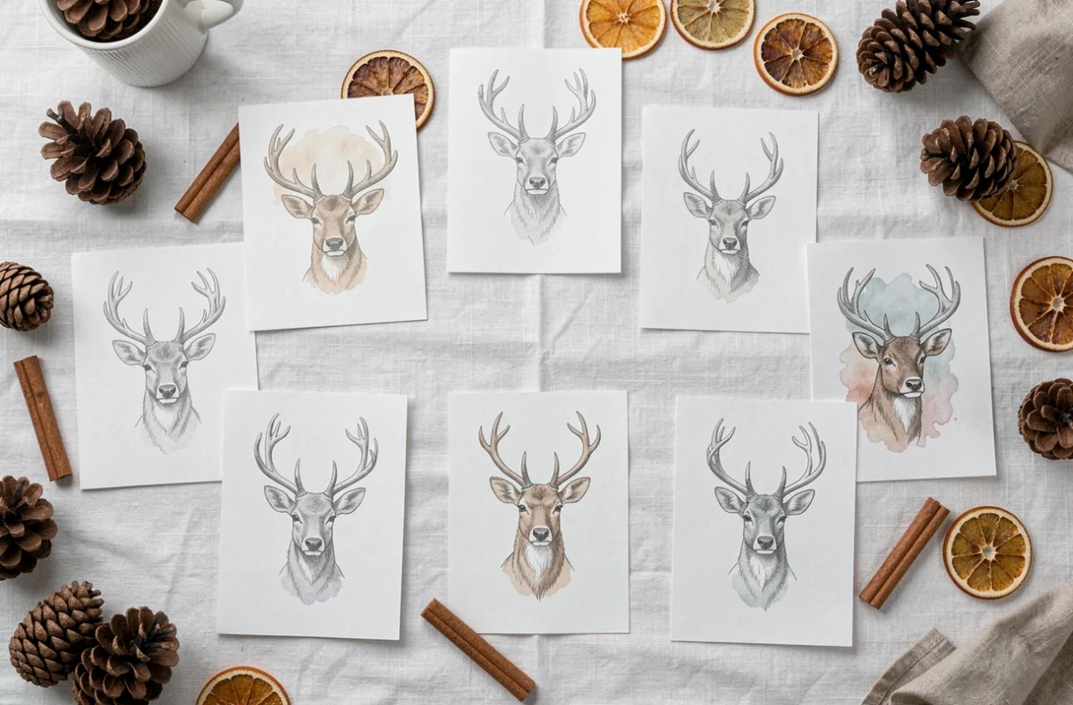 Collection de cartes de vœux de Noël avec des illustrations de têtes de renne en aquarelle et encre