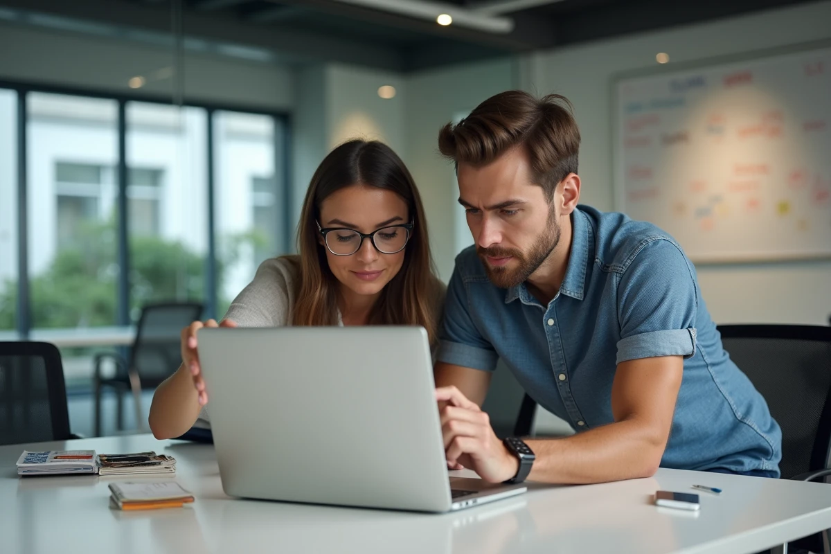 Deux collègues analysant ensemble un site internet sur un ordinateur portable pour identifier les risques potentiels avant utilisation