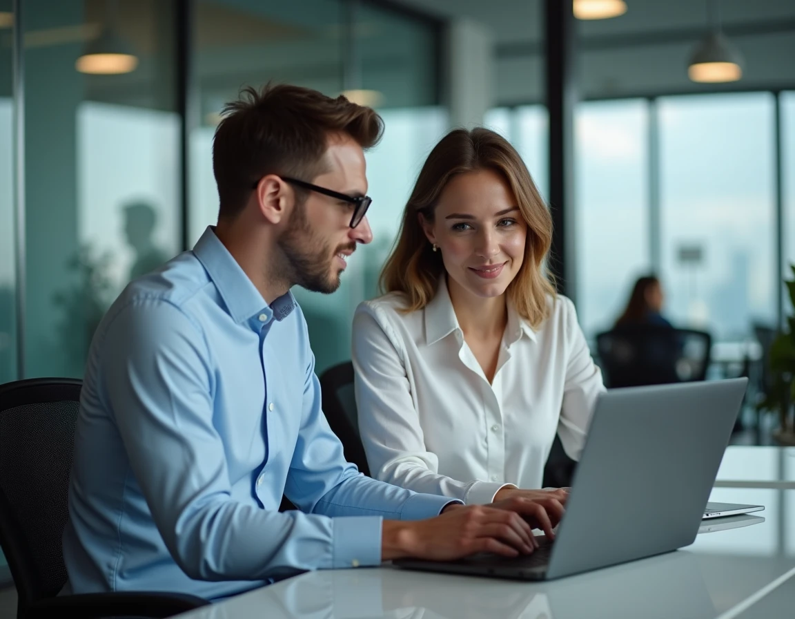 Deux collègues analysant ensemble une interface de tchat en ligne dans un bureau moderne