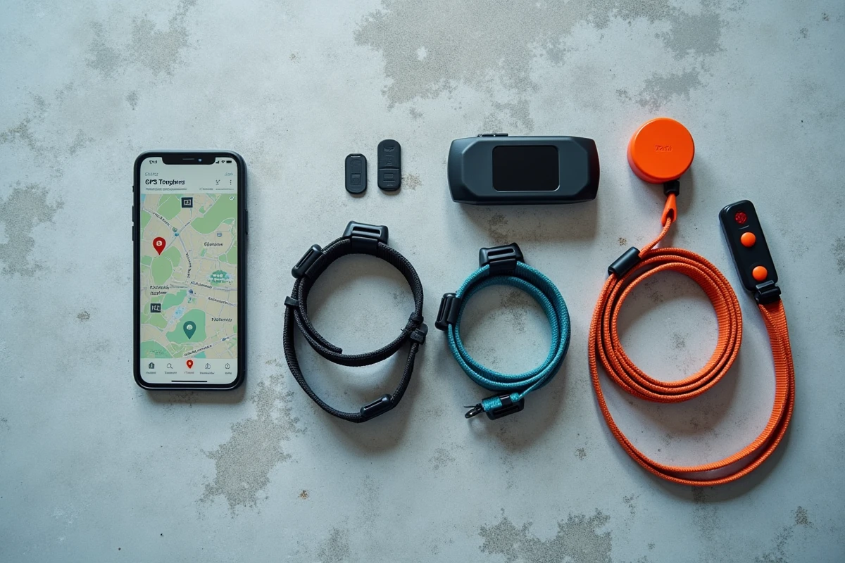 Pose à plat de trois colliers GPS pour chiens avec smartphone affichant une application de suivi multi-animaux