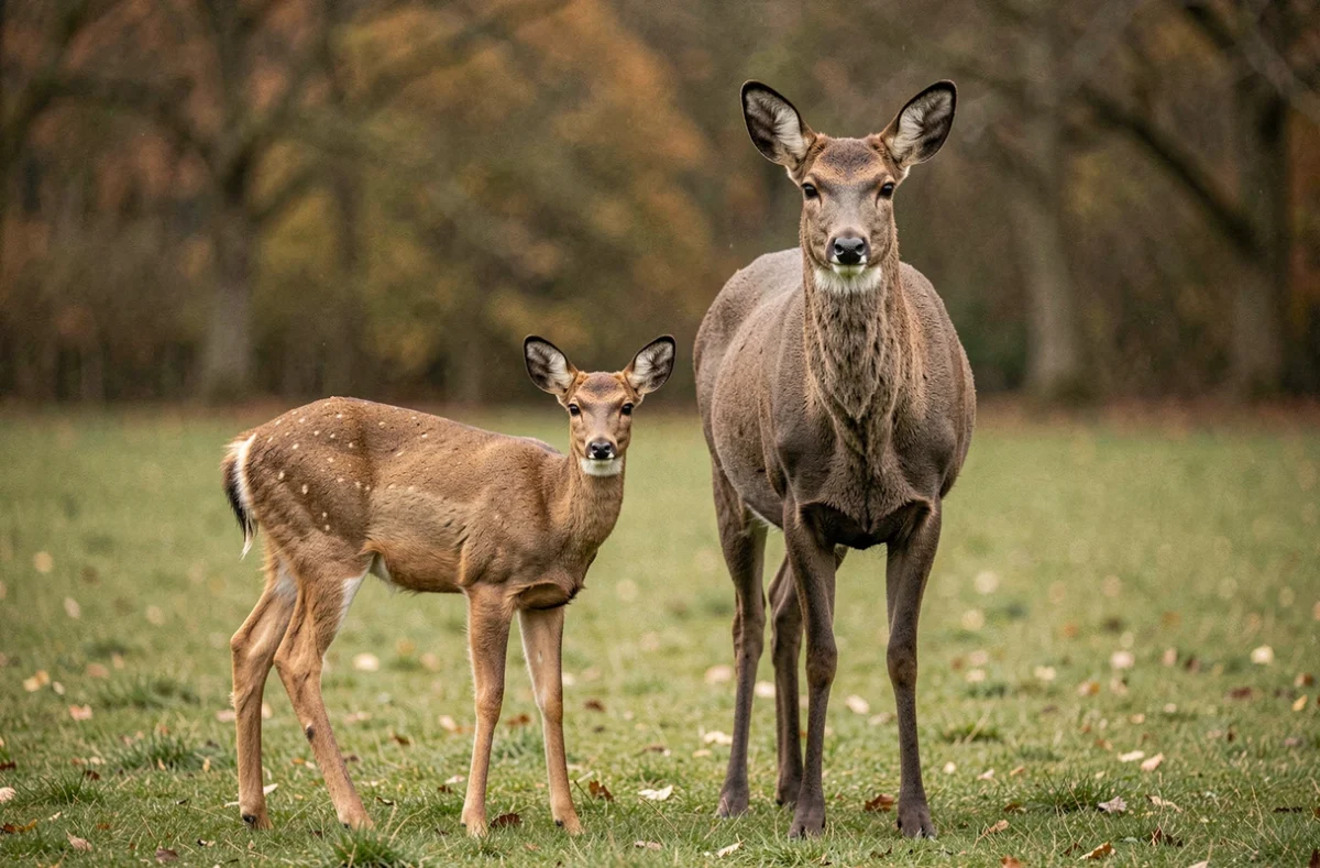 Comparaison de taille entre un chevreuil et un cerf élaphe dans un parc naturel