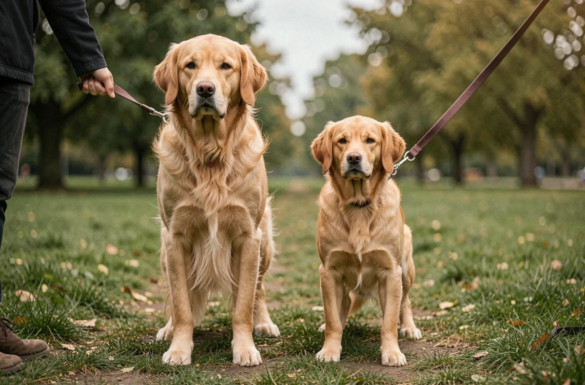 Comparaison entre un Golden Retriever standard et un Golden Retriever miniature côte à côte dans un parc, montrant les différences morphologiques