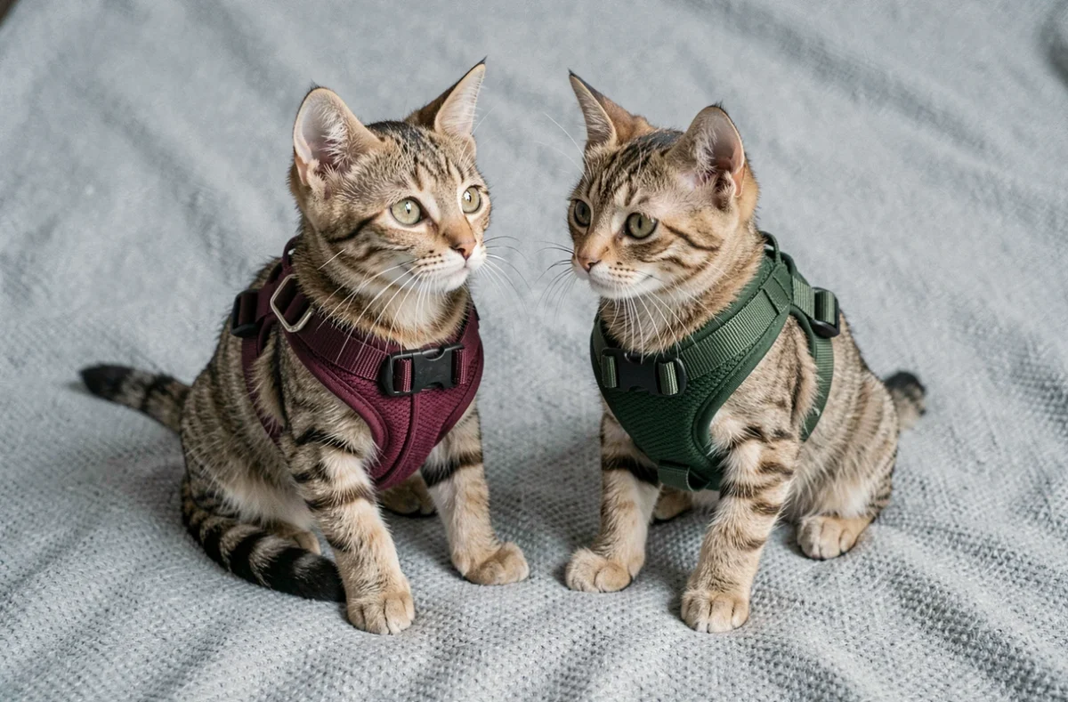 Comparaison de deux harnais anti-évasion sur des chatons de tailles différentes sur une couverture grise
