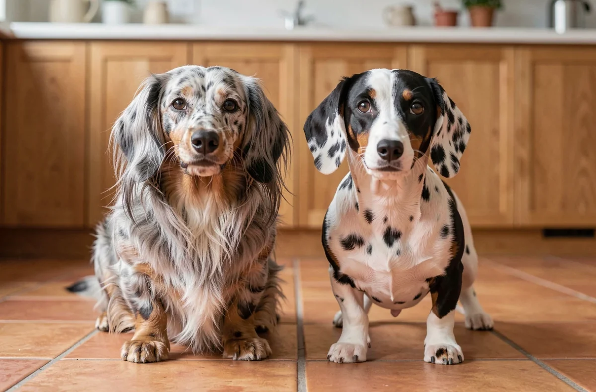 Deux teckels arlequins côte à côte sur un parquet en bois, l'un à poils longs et l'autre à poil ras, comparaison des types de robes