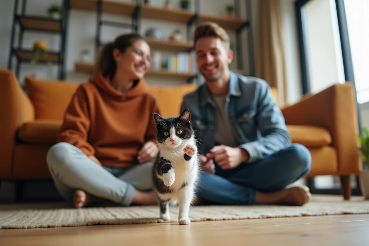Jeune couple jouant avec un chaton de 3 mois dans leur appartement en Île-de-France après une adoption réussie chez un particulier