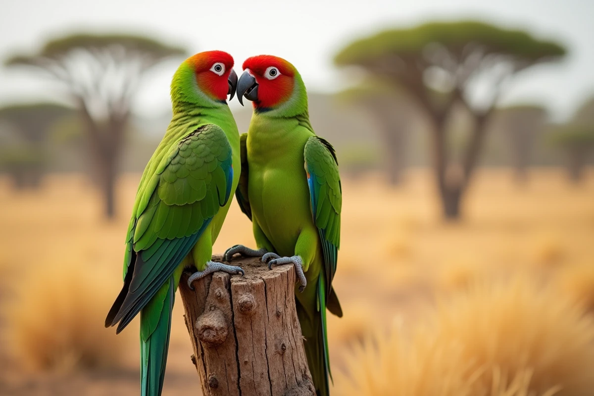 Couple de perroquets verts à tête rouge perchés sur un tronc d'arbre en savane