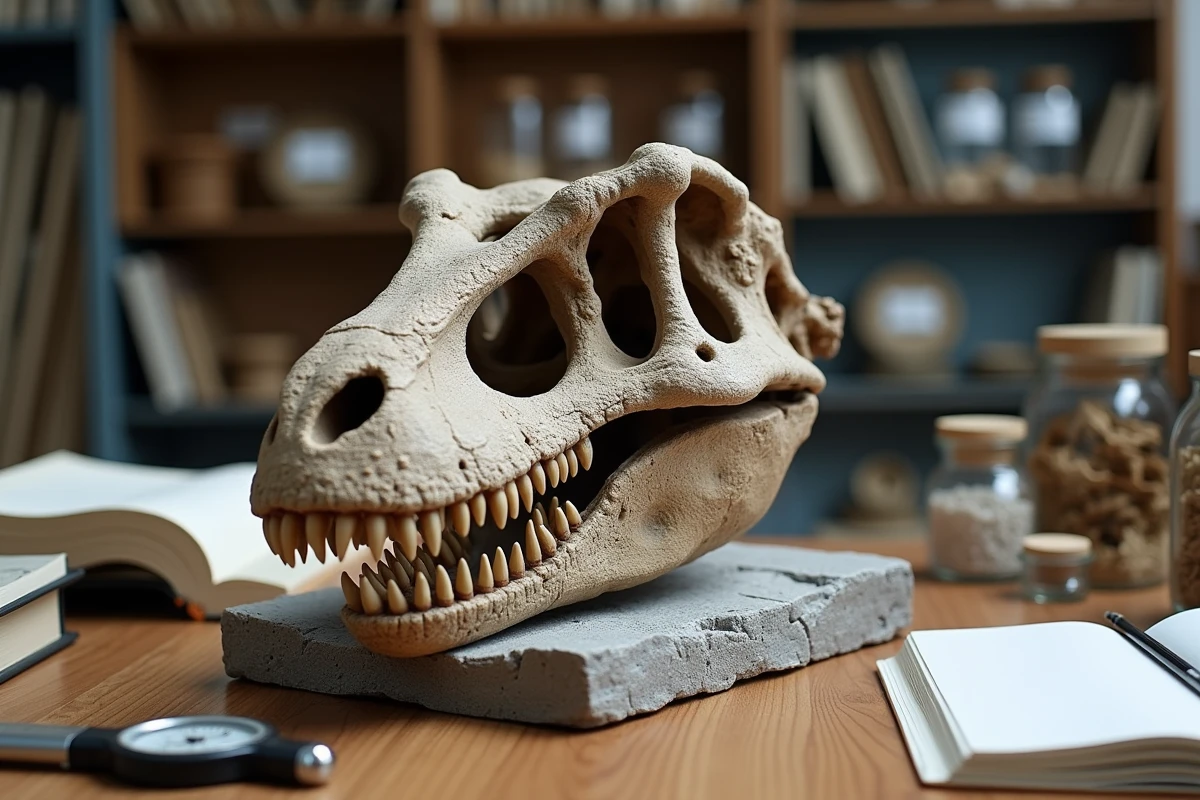Crâne fossile de Velociraptor avec dents dentelées sur table d'examen en laboratoire de paléontologie universitaire