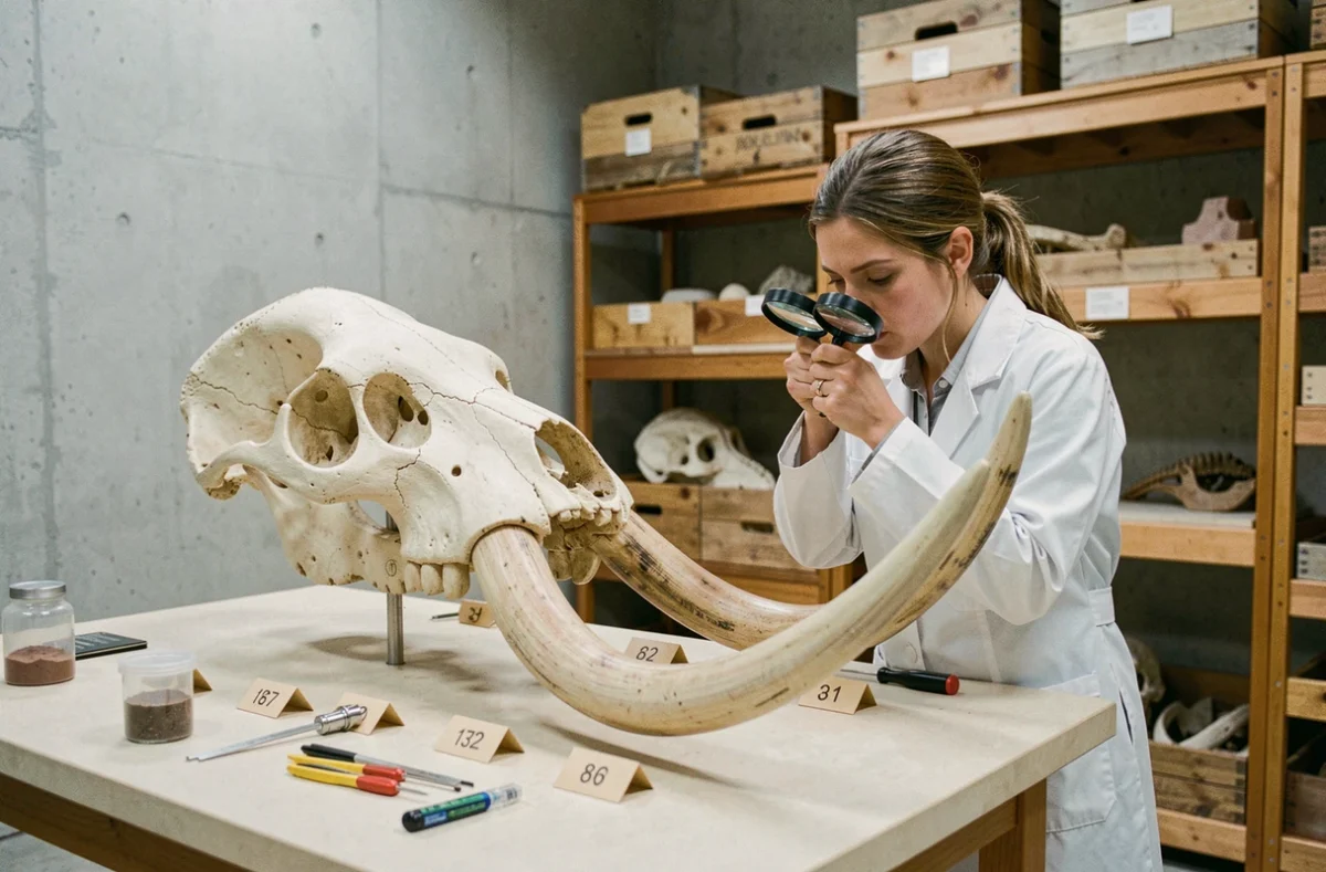 Conservatrice de musée examinant un crâne de mammouth laineux avec ses défenses dans un laboratoire de paléontologie