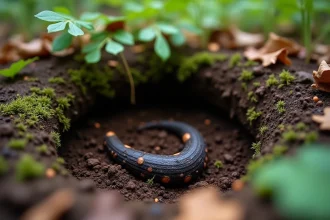 Crottes de blaireau dans une latrines creusée dans la terre forestière entourée de feuilles mortes et de mousse