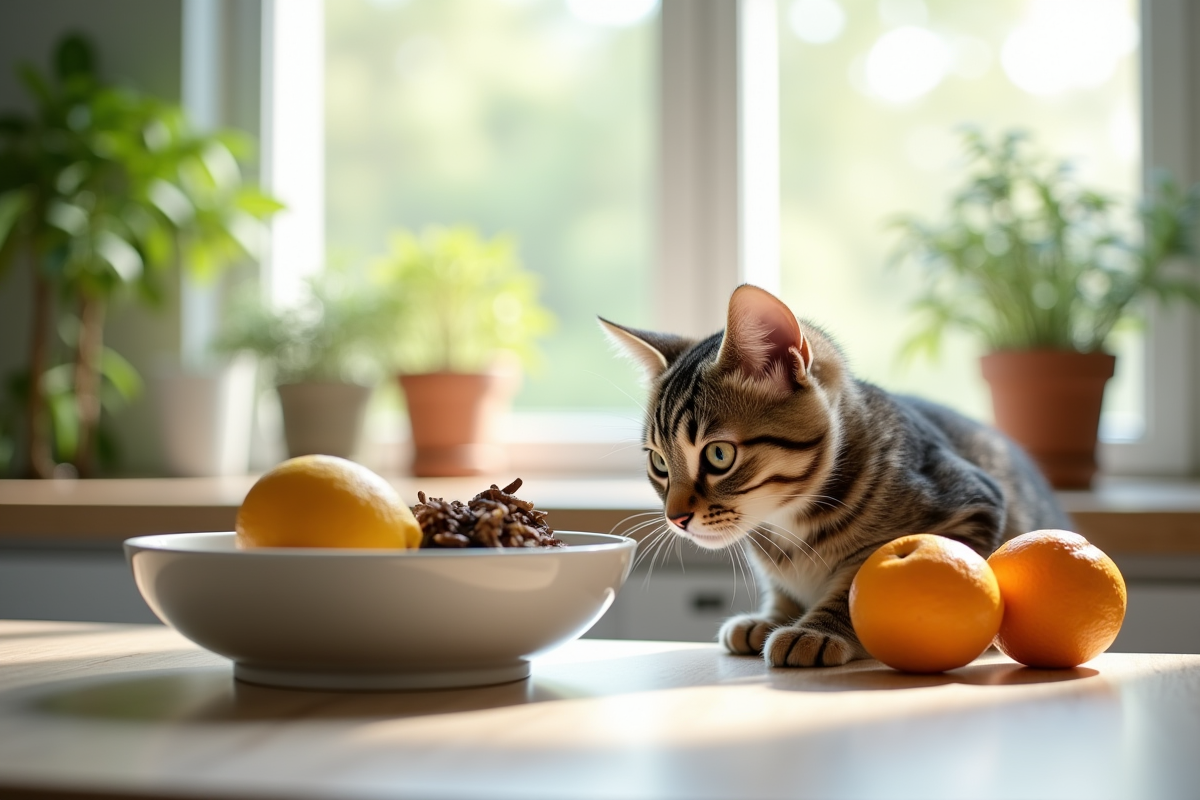 Cuisine lumineuse avec chat curieux et plantes vertes