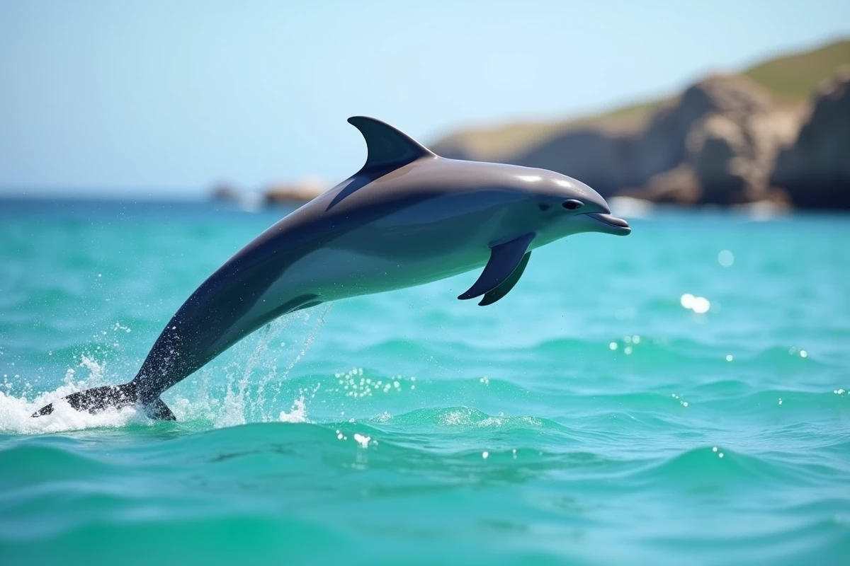 Dauphin sautant hors de l'eau dans l'océan, animal marin commençant par la lettre D pour mots croisés