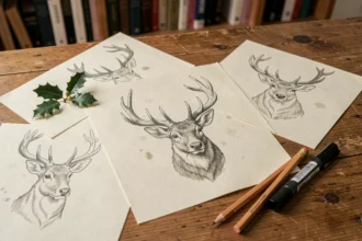 Dessins de tête de renne sur cartes de vœux de Noël disposés à plat sur un bureau en bois avec crayons et houx