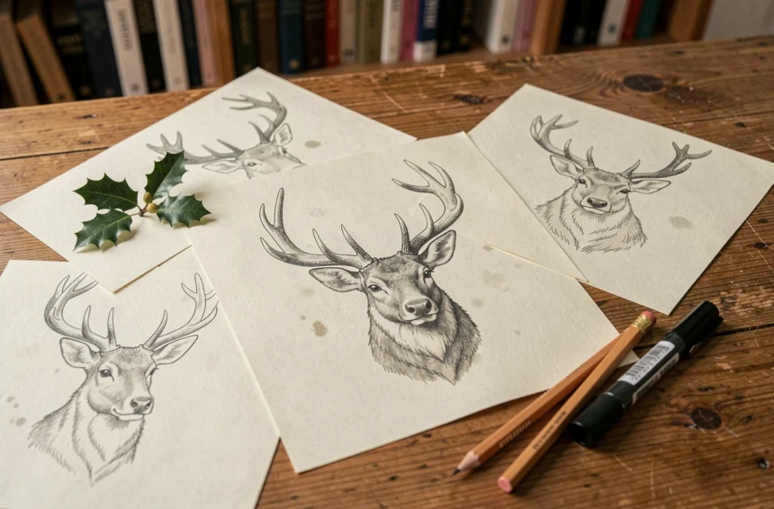 Dessins de tête de renne sur cartes de vœux de Noël disposés à plat sur un bureau en bois avec crayons et houx