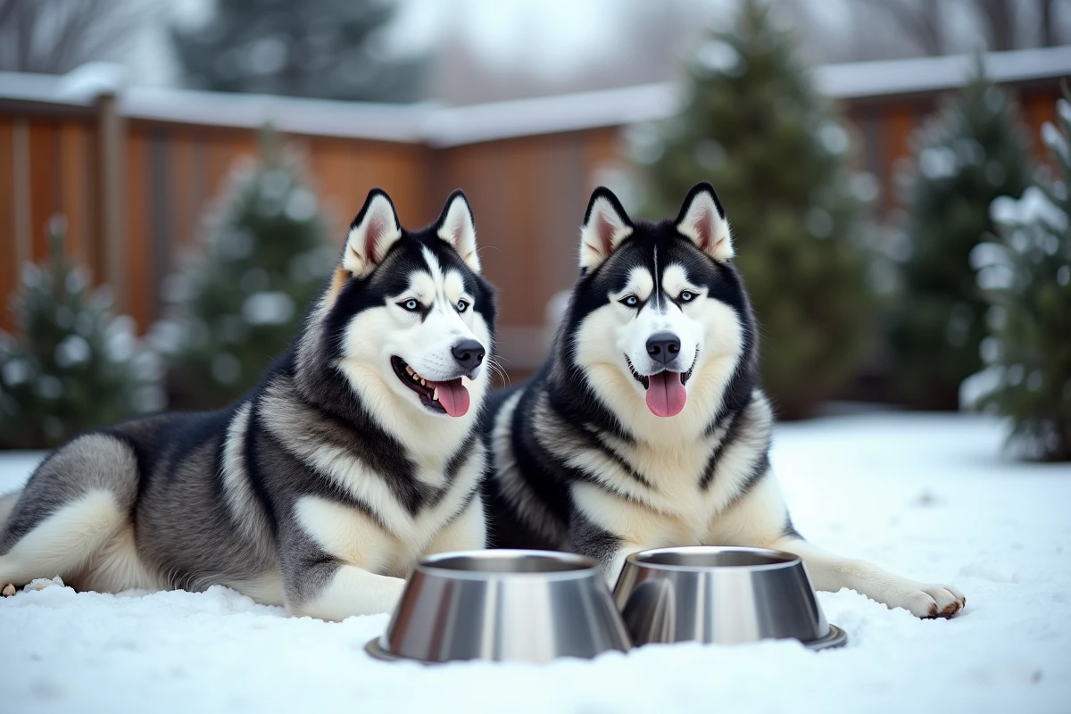 Deux chiens Husky sibériens au repos après l'exercice près de leurs gamelles et d'un contenant de croquettes dans un jardin enneigé