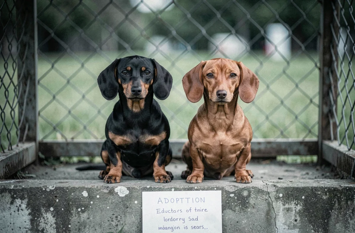 Deux teckels nains adultes assis dans un enclos de refuge en attente d'adoption, regard expressif et touchant vers l'objectif