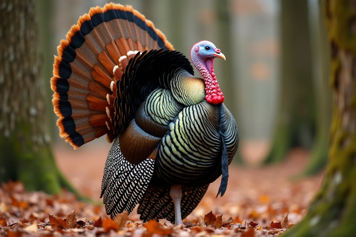 Dindon sauvage mâle déployant ses plumes en forêt automnale, animal commençant par D pour jeux de lettres