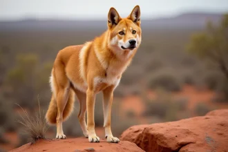 Dingo sauvage australien debout sur un rocher rouge dans l'outback, animal commençant par la lettre D