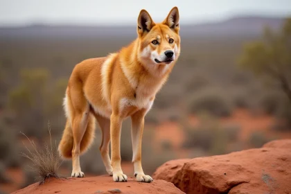 Dingo sauvage australien debout sur un rocher rouge dans l'outback, animal commençant par la lettre D