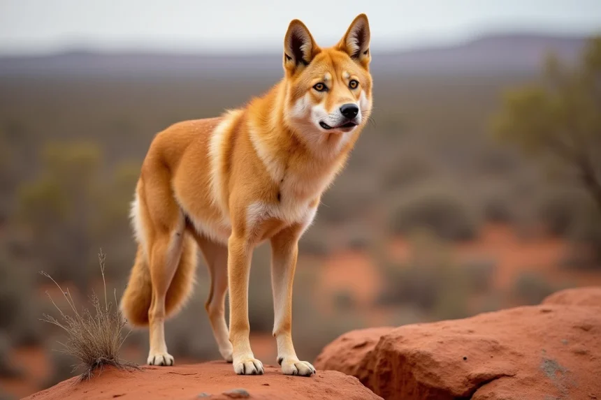 Dingo sauvage australien debout sur un rocher rouge dans l'outback, animal commençant par la lettre D